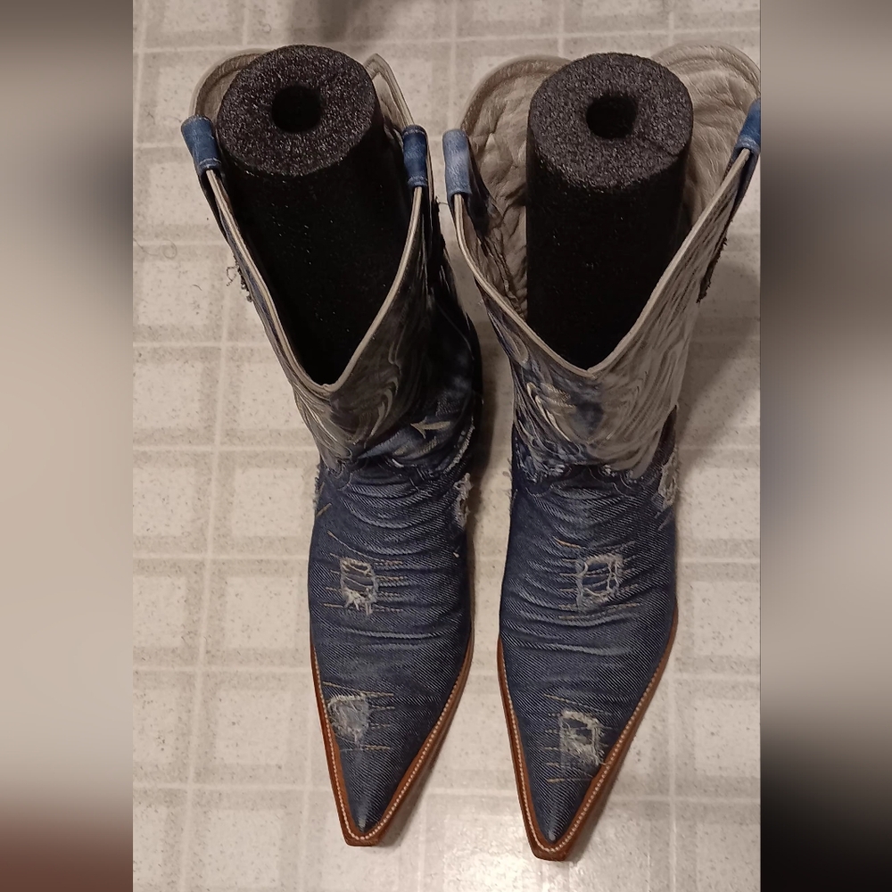 Distressed Denim Cowboy Boots